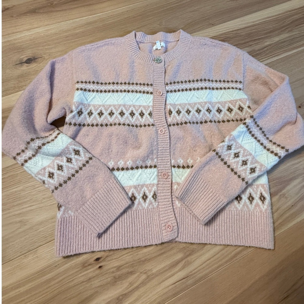 Aerie Cardigan Women Medium Blush Pink Fair Isle Argyle Jewel Button Oversized